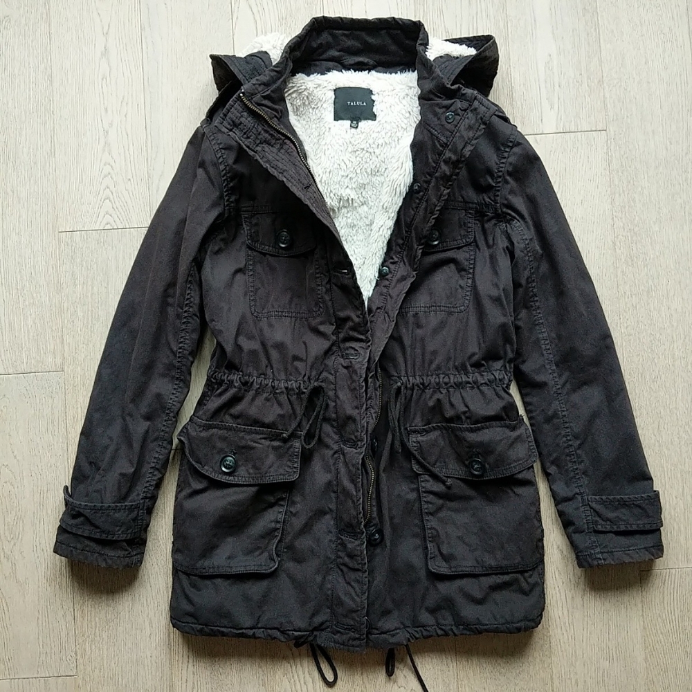 Aritzia Talula Black Faux Sherpa Lined Sequit Army Cargo Utility Jacket